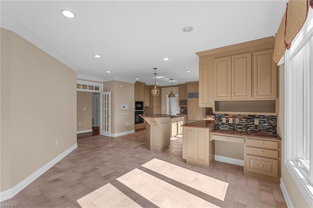 308 Rivers Edge, Williamsburg, VA 23185 - kitchen with recessed lighting, cream cabinetry, a center island, decorative backsplash, and hanging light fixtures