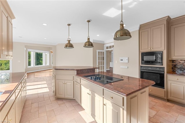 308 Rivers Edge, Williamsburg, VA 23185 - kitchen with black appliances, tasteful backsplash, a kitchen island, stone tile flooring, and recessed lighting