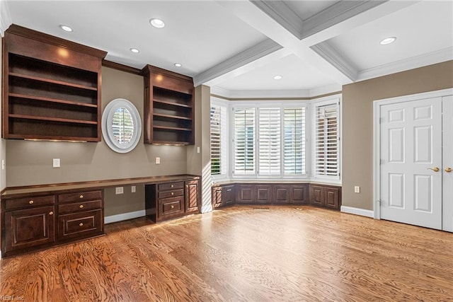 308 Rivers Edge, Williamsburg, VA 23185 - unfurnished office featuring built in desk, ornamental molding, light wood-style flooring, beam ceiling, and recessed lighting