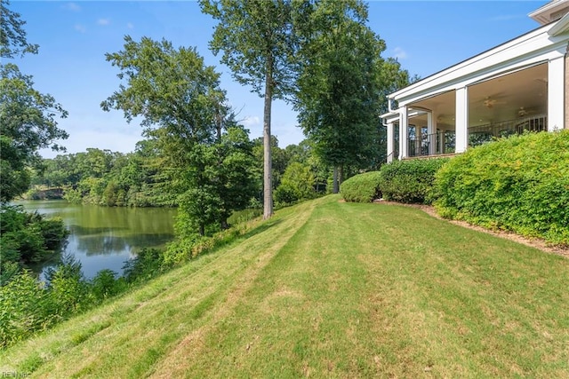 308 Rivers Edge, Williamsburg, VA 23185 - view of green lawn with a water view, ceiling fan, and a view of trees