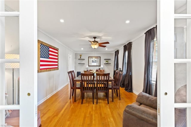 2805 Point Ct, Chesapeake, VA 23321 - dining space featuring ornamental molding, ceiling fan, light wood-style flooring, and recessed lighting