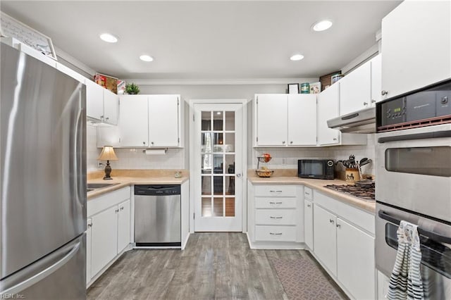 2805 Point Ct, Chesapeake, VA 23321 - kitchen with appliances with stainless steel finishes, under cabinet range hood, light countertops, tasteful backsplash, and recessed lighting
