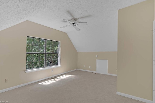 4505 Wimbledon Way, Williamsburg, VA 23188 - additional living space featuring a ceiling fan, a textured ceiling, vaulted ceiling, and carpet floors