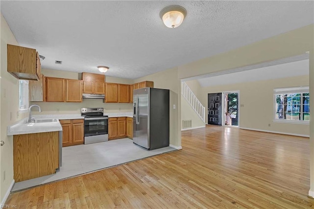 4505 Wimbledon Way, Williamsburg, VA 23188 - kitchen featuring appliances with stainless steel finishes, under cabinet range hood, open floor plan, light wood-type flooring, and light countertops