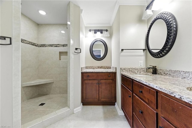 60 Dillwyn Dr, Newport News, VA 23602 - bathroom featuring crown molding, tiled shower, and two vanities