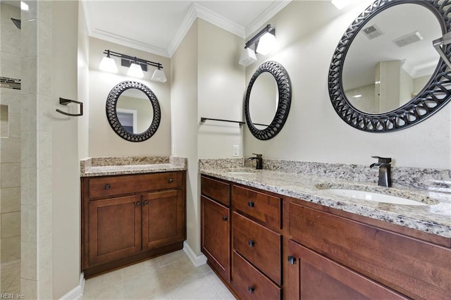 60 Dillwyn Dr, Newport News, VA 23602 - bathroom featuring double vanity, ornamental molding, tile patterned flooring, and a tile shower