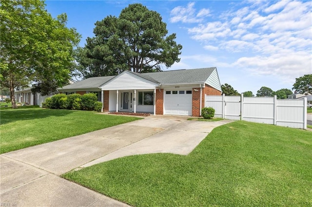 600 Whitechapel Dr, Virginia Beach, VA 23455 - ranch-style home with brick siding, an attached garage, concrete driveway, a porch, and a gate