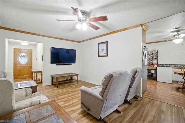 236 Haledon Rd, Chesapeake, VA 23320 - living room with ceiling fan, light wood-type flooring, ornamental molding, and a textured ceiling