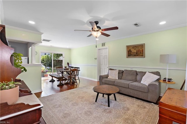 3009 Aaron Dr, Chesapeake, VA 23323 - living area with ceiling fan, wood finished floors, recessed lighting, and crown molding