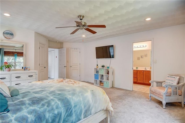 1212 Gunn Hall Dr, Virginia Beach, VA 23454 - bedroom featuring light colored carpet, ensuite bath, recessed lighting, and ceiling fan