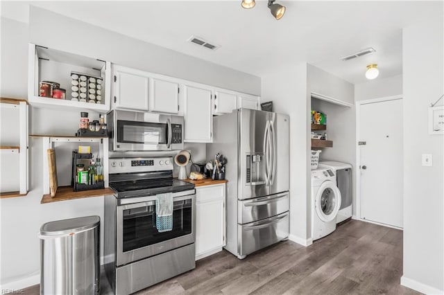 1536 Eagleton Ln, Virginia Beach, VA 23455 - kitchen with stainless steel appliances, white cabinets, dark wood finished floors, and open shelves