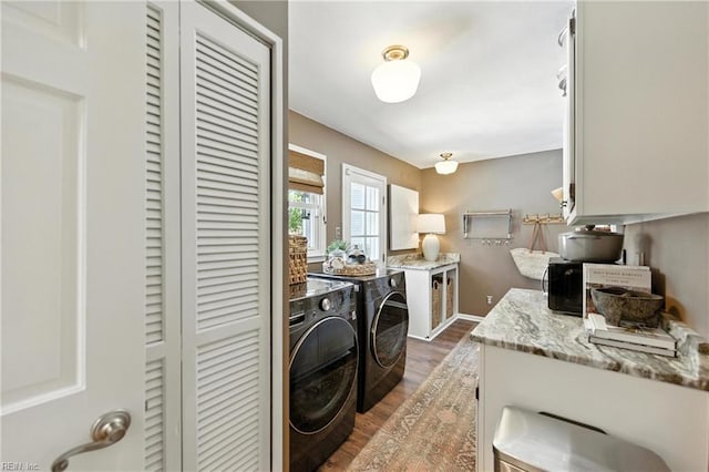 4704 Haygood Point Rd, Virginia Beach, VA 23455 - laundry area featuring washing machine and dryer, dark wood-type flooring, and cabinet space
