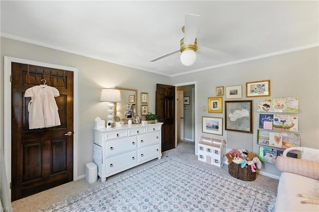 4704 Haygood Point Rd, Virginia Beach, VA 23455 - bedroom with light carpet, crown molding, and a ceiling fan