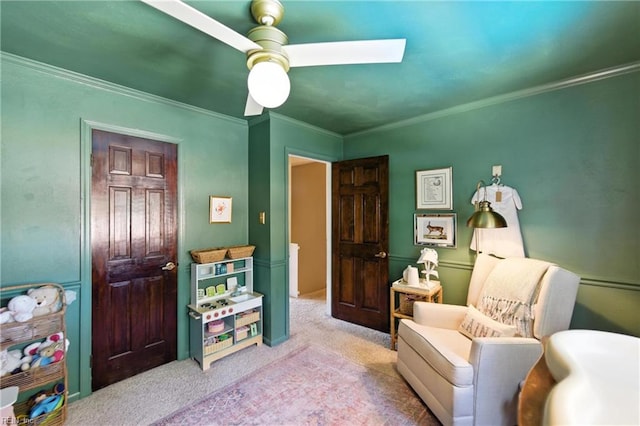 4704 Haygood Point Rd, Virginia Beach, VA 23455 - living area featuring carpet floors, a ceiling fan, and ornamental molding