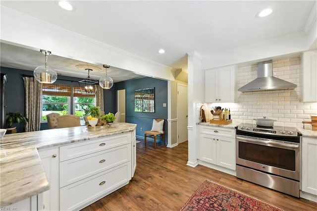 4704 Haygood Point Rd, Virginia Beach, VA 23455 - kitchen with stainless steel electric range oven, wall chimney range hood, crown molding, white cabinets, and backsplash