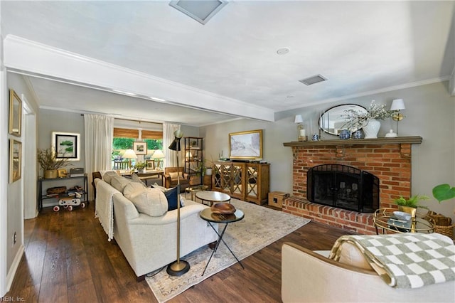 4704 Haygood Point Rd, Virginia Beach, VA 23455 - living area featuring wood-type flooring, ornamental molding, and a brick fireplace