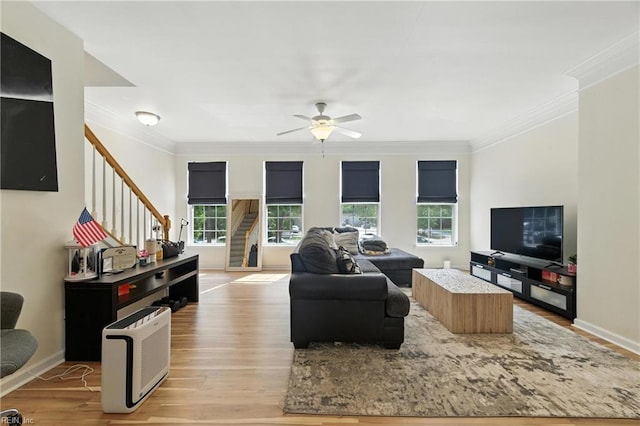 622 Jessica Cir Unit 21, Newport News, VA 23606 - living room featuring stairs, ceiling fan, crown molding, and light wood finished floors