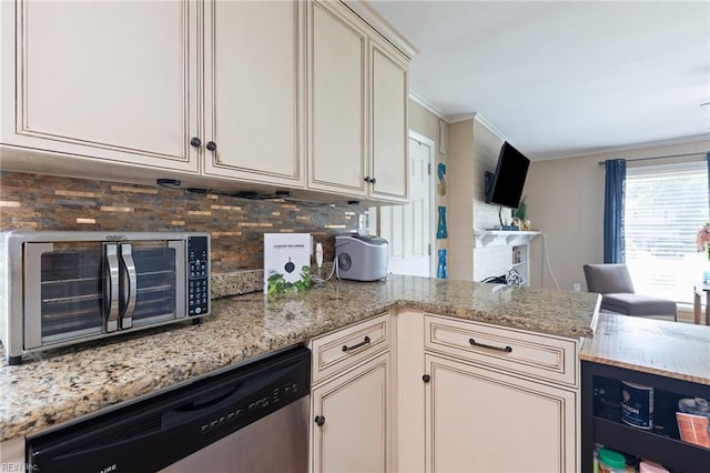 503 Carters Grove Ct, Hampton, VA 23663 - kitchen with appliances with stainless steel finishes, decorative backsplash, crown molding, light stone counters, and a peninsula