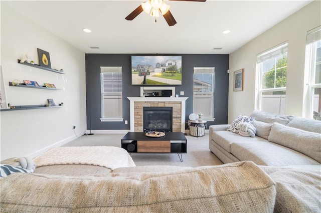 1665 Teton Ct, Chesapeake, VA 23320 - living room with a ceiling fan, carpet, recessed lighting, and a glass covered fireplace