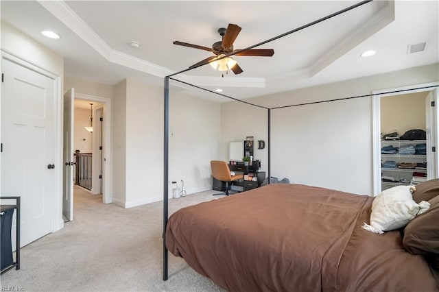1665 Teton Ct, Chesapeake, VA 23320 - bedroom featuring a raised ceiling, crown molding, light carpet, recessed lighting, and ceiling fan