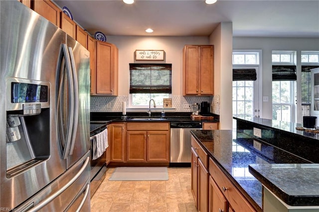 3472 Westham Ln, Toano, VA 23168 - kitchen featuring stainless steel appliances, plenty of natural light, recessed lighting, tasteful backsplash, and brown cabinets