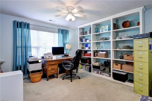 3284 Reades Way, Williamsburg, VA 23185 - carpeted home office featuring a ceiling fan and a textured ceiling