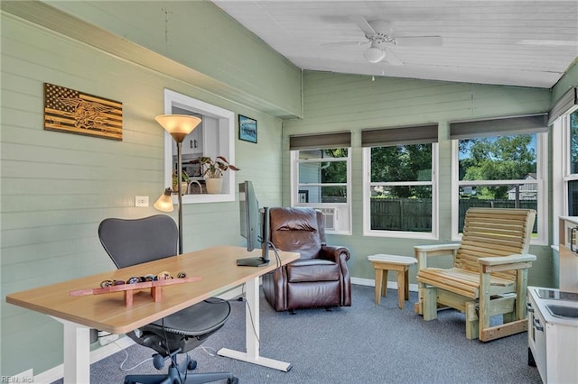 3414 Winterhawk Ct, Chesapeake, VA 23323 - office featuring healthy amount of natural light, vaulted ceiling, a ceiling fan, wood walls, and carpet flooring