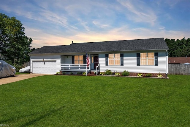 3414 Winterhawk Ct, Chesapeake, VA 23323 - ranch-style home with a porch, concrete driveway, a garage, and roof with shingles