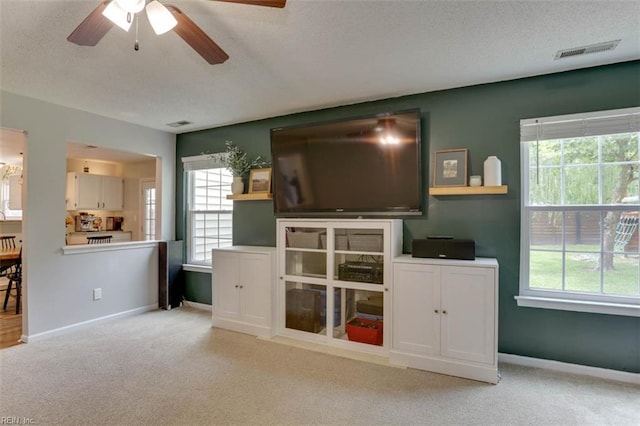 408 Lodge Cv, Chesapeake, VA 23323 - carpeted living room with a textured ceiling, a ceiling fan, and healthy amount of natural light