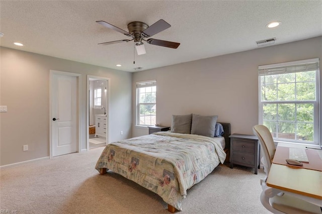 408 Lodge Cv, Chesapeake, VA 23323 - carpeted bedroom with a textured ceiling, recessed lighting, connected bathroom, and ceiling fan