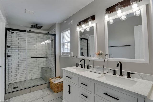408 Lodge Cv, Chesapeake, VA 23323 - bathroom with a shower stall, double vanity, and tile patterned floors