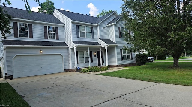 275 Jonathans Way, Suffolk, VA 23434 - view of front facade featuring driveway, a front lawn, an attached garage, a porch, and roof with shingles