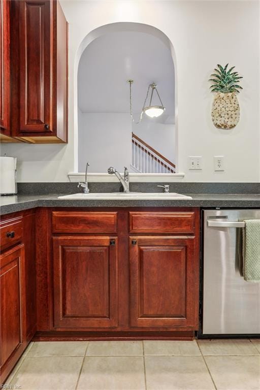 4208 Falcon Creek Dr, Williamsburg, VA 23188 - kitchen featuring dishwasher, dark brown cabinets, light tile patterned floors, and dark countertops