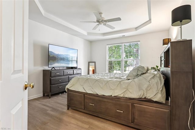 4208 Falcon Creek Dr, Williamsburg, VA 23188 - bedroom featuring a raised ceiling, light wood-style flooring, and a ceiling fan