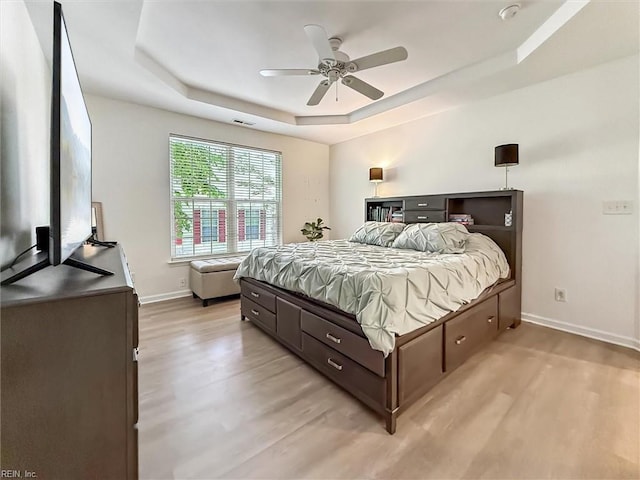 4208 Falcon Creek Dr, Williamsburg, VA 23188 - bedroom with a tray ceiling, light wood-type flooring, and a ceiling fan