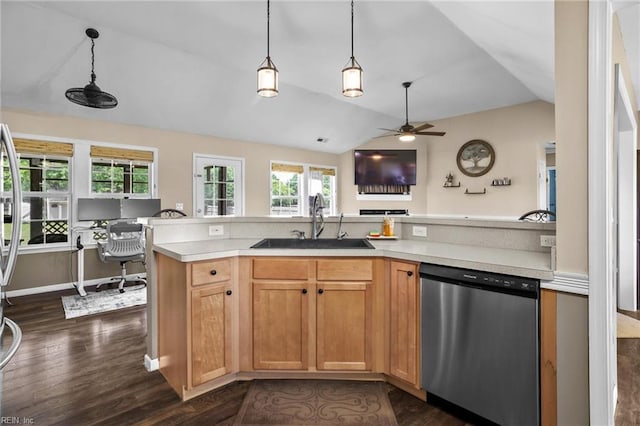 114 Climbing Vine Run, Elizabeth City, NC 27909 - kitchen featuring stainless steel dishwasher, ceiling fan, light countertops, vaulted ceiling, and dark wood-style floors
