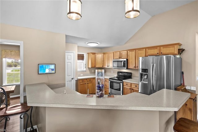 114 Climbing Vine Run, Elizabeth City, NC 27909 - kitchen with stainless steel appliances, light countertops, a kitchen breakfast bar, vaulted ceiling, and wood finished floors