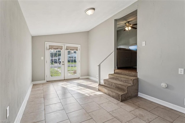149 Ransone St, Hampton, VA 23669 - entryway with french doors, tile patterned flooring, vaulted ceiling, a ceiling fan, and stairs