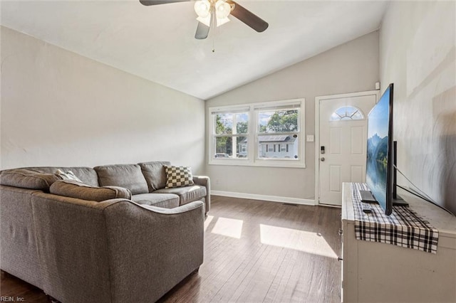 149 Ransone St, Hampton, VA 23669 - living room featuring lofted ceiling, a ceiling fan, and dark wood finished floors