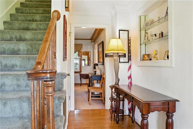 3805 Fleet Ct, Portsmouth, VA 23703 - corridor featuring ornamental molding, wood finished floors, and stairway