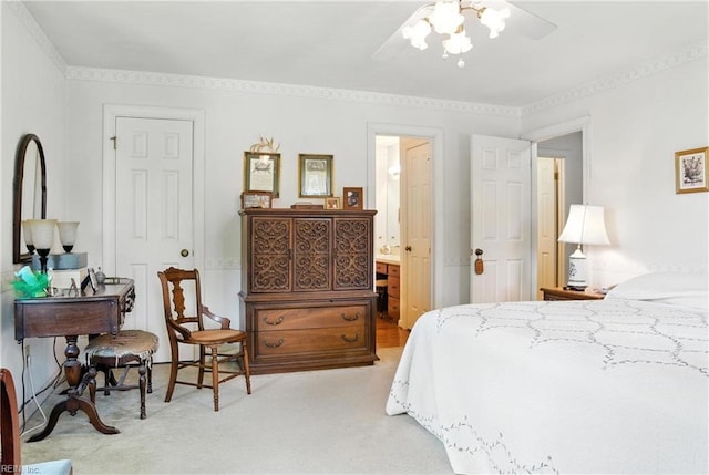 3805 Fleet Ct, Portsmouth, VA 23703 - bedroom with light carpet, connected bathroom, crown molding, and a ceiling fan