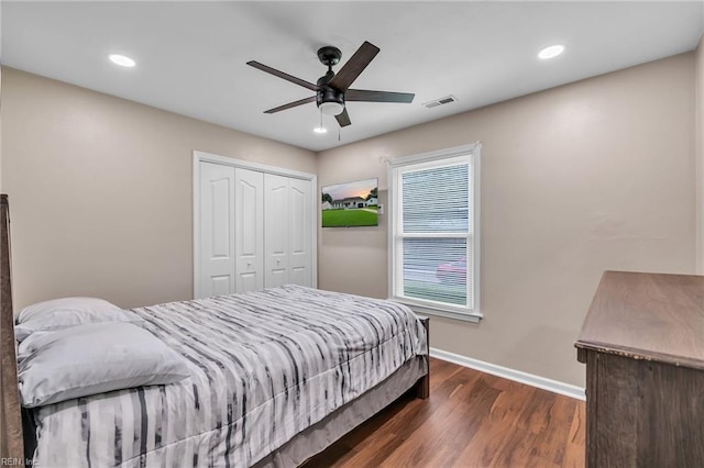 2416 Broadnax Cir, Chesapeake, VA 23323 - bedroom featuring wood finished floors, recessed lighting, a closet, and ceiling fan
