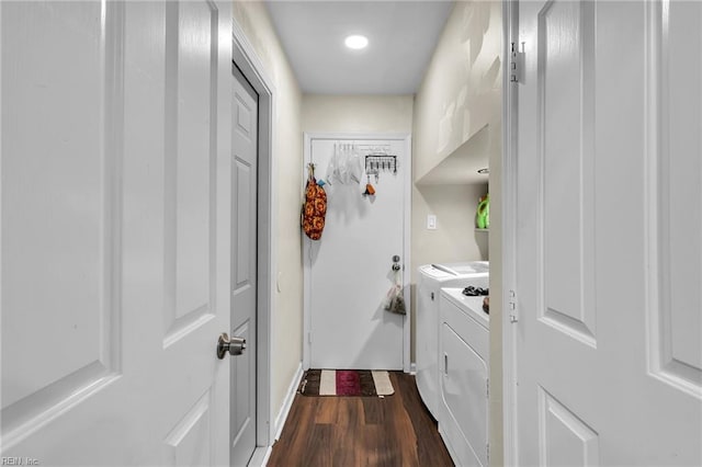 2416 Broadnax Cir, Chesapeake, VA 23323 - laundry room with washing machine and clothes dryer and dark wood-style floors