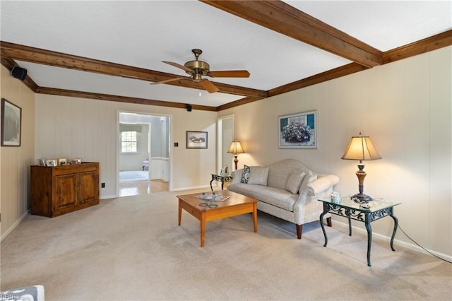 2513 Torrey Pl, Virginia Beach, VA 23454 - living room featuring beam ceiling, a ceiling fan, and light colored carpet