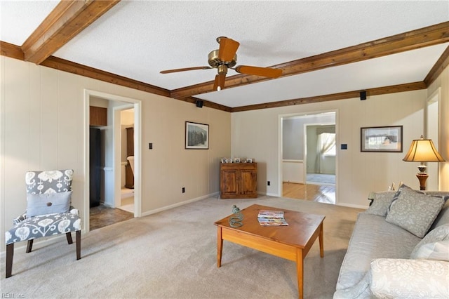 2513 Torrey Pl, Virginia Beach, VA 23454 - living area with beam ceiling, ceiling fan, light carpet, and a textured ceiling