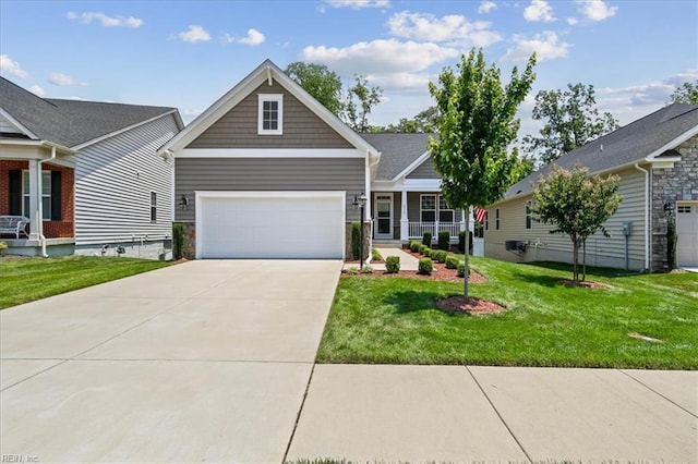 6428 Yarmouth Run, Williamsburg, VA 23188 - view of front facade featuring a front yard, concrete driveway, an attached garage, and covered porch