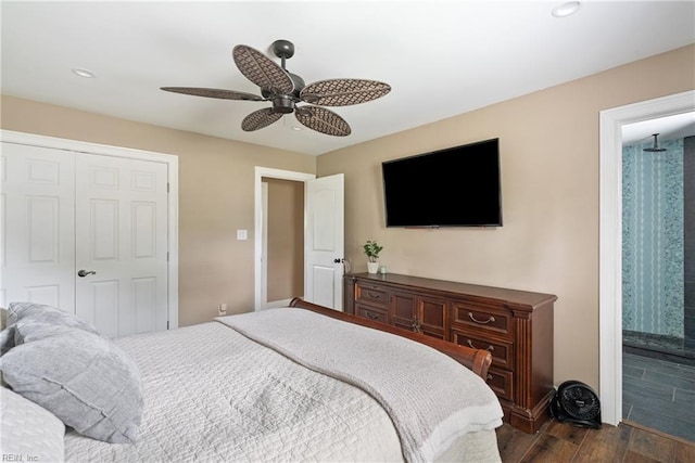 6019 Tabiatha Ln, Lanexa, VA 23089 - bedroom with dark wood-style flooring, a ceiling fan, recessed lighting, ensuite bathroom, and a closet