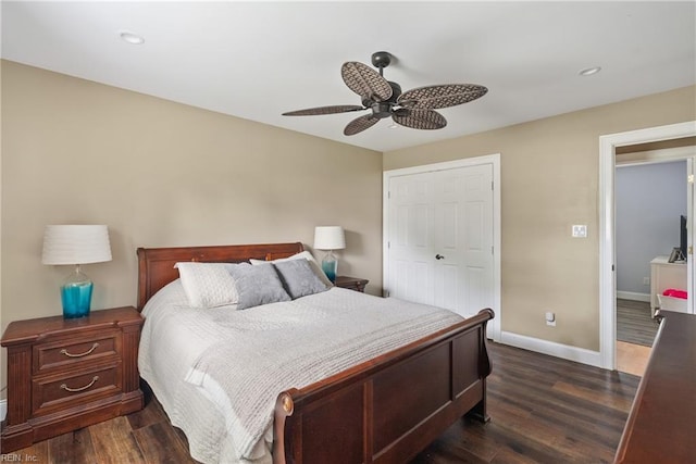6019 Tabiatha Ln, Lanexa, VA 23089 - bedroom with a closet, dark wood-type flooring, a ceiling fan, and recessed lighting