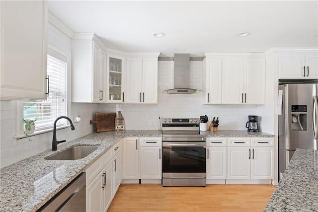 6019 Tabiatha Ln, Lanexa, VA 23089 - kitchen with wall chimney exhaust hood, appliances with stainless steel finishes, white cabinetry, and tasteful backsplash