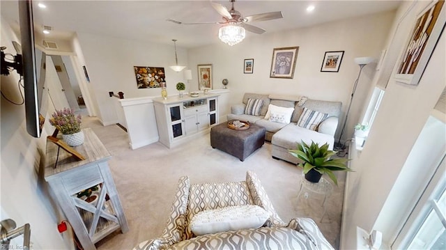 9809 Coral Bells Ct, Toano, VA 23168 - living room with light colored carpet, a ceiling fan, and recessed lighting